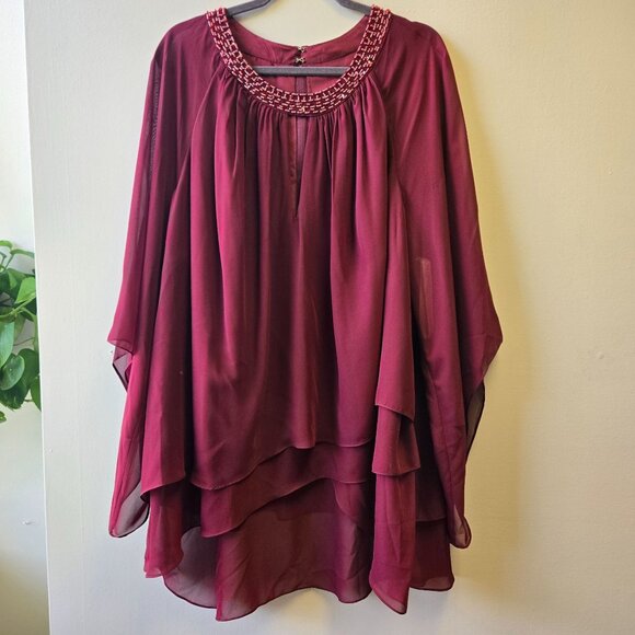 NWT JJ's House 26W Beaded Neckline Layered Burgundy Chiffon Formal Dress Blouse - Picture 1 of 8
